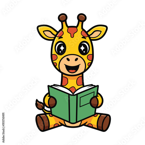 Happy Giraffe Reading a Book.