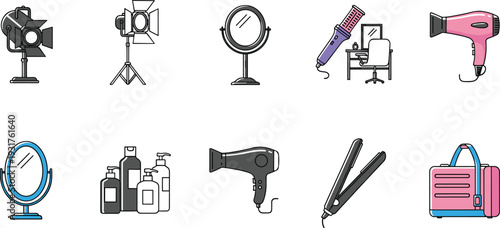 Beauty Salon Equipment and Makeup Studio Icon Set with Hairdryer Mirror Lighting Cosmetic Bottles and Styling Tools Vector Collection.