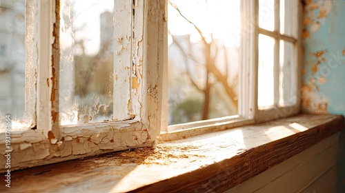 Sunlight Streaming Through an Old Window Frame with Chipped Paint and Dust Particles in a Cozy Room Atmosphere