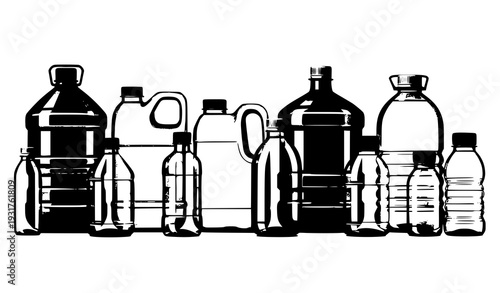 Transparent Plastic Water Bottles and Large Containers Vector Set Isolated on White Background