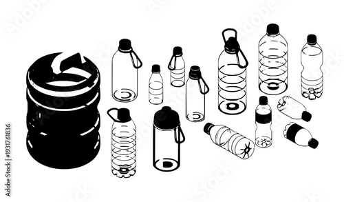 Isometric Empty Plastic Water Containers and Drinking Bottles Vector Illustration