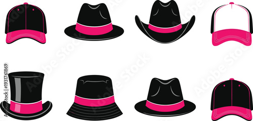 Black Hat and Cap Icon Set with Fedora Cowboy Top Hat and Baseball Headwear for Fashion Logo Branding and Hipster Style Collection.