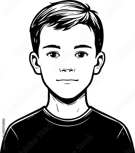 A Boy Character Black and White Avatar Illustration in Minimal Line Art Style Design