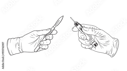 Professional Medical Hands In Sterile Gloves Holding Surgical Scalpel And Vaccination Syringe For Clinical Healthcare Procedures Vector Illustration