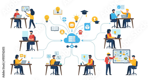 Cloud E-Learning Platform and Online Education Network. Students, Teachers, and Remote Workers Accessing Shared Knowledge and Data.