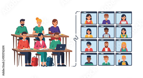 Hybrid Learning Concept: Students in Traditional Classroom vs. Diverse Video Conference Grid. Online Education, Remote Meeting, E-learning.