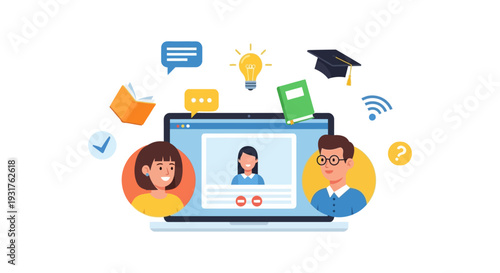 E-Learning and Online Education Concept. Virtual Classroom or Webinar Meeting via Video Conference on Laptop, Featuring Teacher, Students, Books, and Ideas.