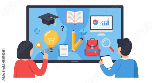 Digital E-Learning Platform Concept. Students interact with online education tools: Graduation cap, book, lightbulb, and data analytics on a screen.