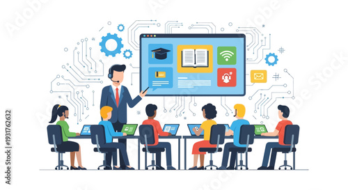 E-learning Digital Classroom Training. Instructor leading a corporate professional development session for diverse employees using laptops and a virtual interface.