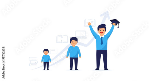 Education Progress Timeline: Student Achieving Academic Success and Career Growth, Graduating with Cap and Gown.