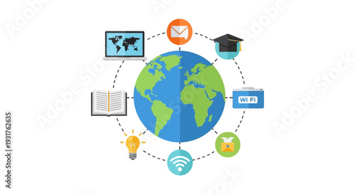 Global Network and E-Learning Concept: Earth Connecting to Knowledge, Communication, Technology, and Ideas via Wi-Fi.