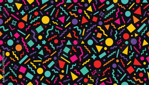 Colorful Memphis Seamless Pattern with Retro Geometric Shapes on Black Background