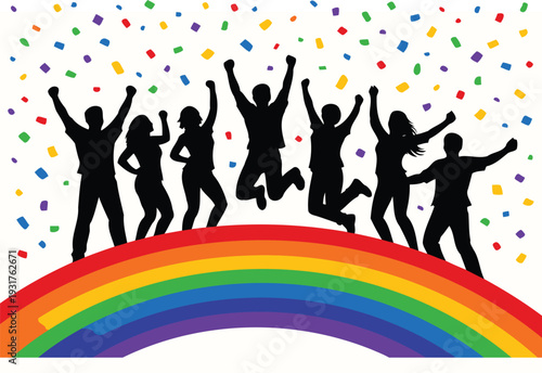 Jubilant group celebrating diversity and unity atop a vibrant rainbow.