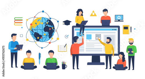 Global E-Learning Network, Collaborative Digital Education Platform. People studying online around the interconnected world illustration.
