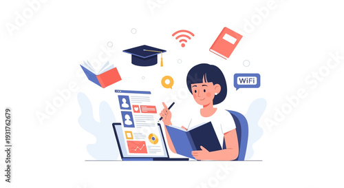 Online Education and E-learning Concept: Young Woman Student Studying on Laptop, Accessing Remote Courses via Wi-Fi. Digital Learning Vector Illustration.