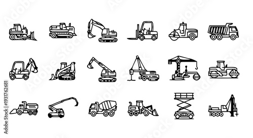 Black Silhouette 20 Construction Machines and Vehicles Line Icon Set Vector – Editable Heavy Equipment Symbols