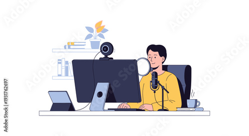 Young Man Podcaster, Streamer, or Vlogger Creating Content in Professional Home Studio. Remote Work Illustration.