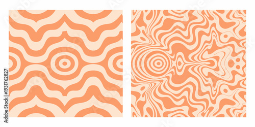 Abstract orange and cream swirling patterns displayed in two square panels