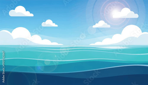 Ocean Horizon Landscape with Blue Water and Sunny Sky Illustration