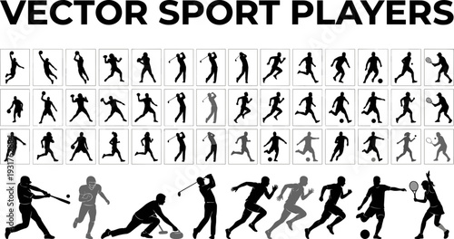 Vector sports silhouettes, athletes in action, basketball, baseball, soccer, tennis, golf, running, football, curling, dynamic movement, athletic design, competition, fitness, physical activity icons