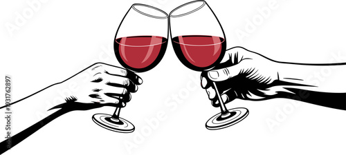 Wine toast illustration, clinking glasses, celebration artwork, red wine design, camaraderie symbol, festive vector, black and white drawing, special occasion, unity gesture