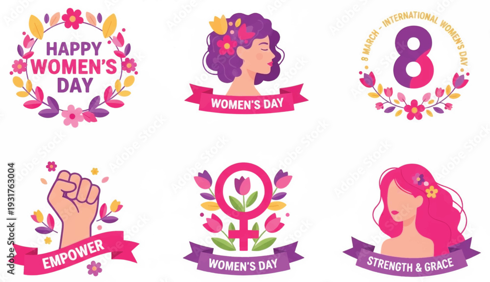 Obraz premium International Women's Day vector badge set with female portraits and feminist symbols