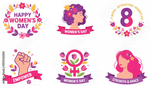 International Women's Day vector badge set with female portraits and feminist symbols