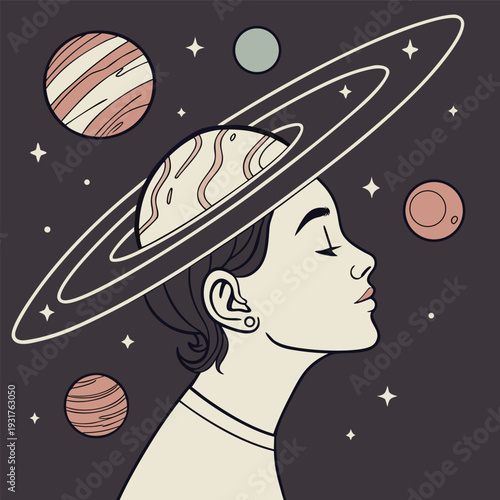 a character whose head opens into a star-filled universe with planets orbiting, surreal conceptual illustration, dark background