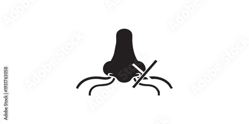 Single black and white fragrance free nose icon with crossed aroma lines, flat solid vector illustration, minimal design, centered composition, isolated on white background, clean simple style.