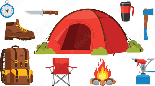 Camping Adventure Vector Set with Tent Backpack Hiking Boots Campfire Compass Knife Gas Stove and Outdoor Travel Equipment.