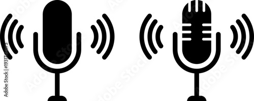 Modern microphone icons with sound waves on white background