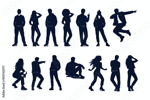 Diverse silhouettes of people engaging in various daily activities and poses.