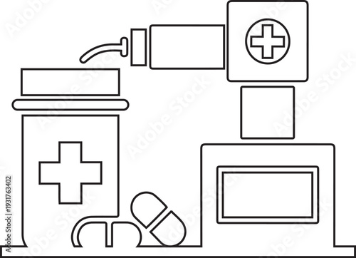 Medical automation concept with robot arm dispensing pills into a pharmacy bottle
