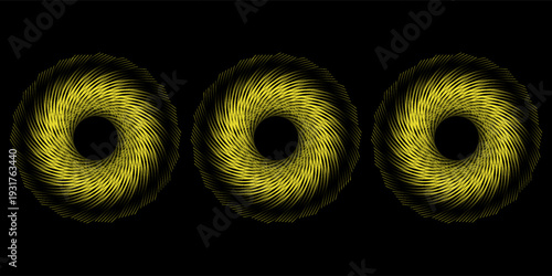 yellow bronze metal circle frames 3d vector realistic illustration. First, second and third place medals or buttons isolated on black background. Certified. Quality blank, empty badge set.