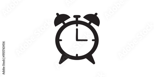 Morning routine alarm clock icon, flat vector design, black and white only, solid silhouette style, simple clean outline, isolated on white background, minimal stock illustration.