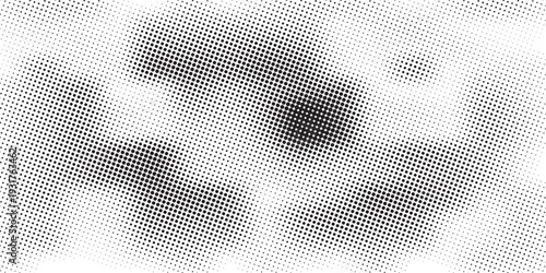 Hexagon halftone gradient texture. Abstract black grunge background. Geometric retro halftone tech overlay. Fading wavy hexagonal pattern backdrop. Vector vanishing honeycomb grunge bitmap wallpaper