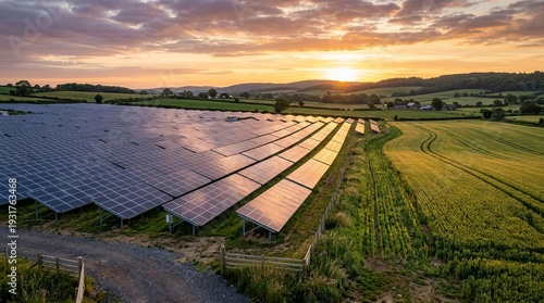 Solar farm at sunset in rural landscape