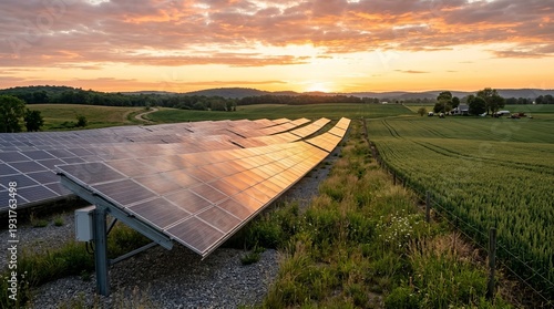 Solar panels in a field at sunset with rolling hills