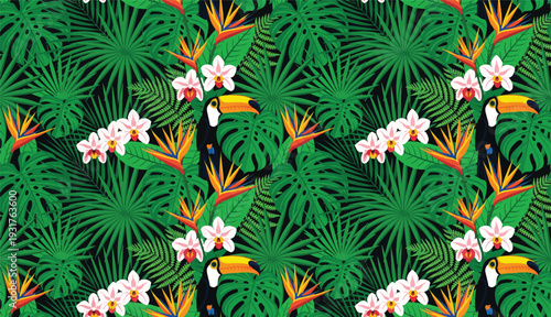 Tropical Seamless Pattern with Toucan Birds