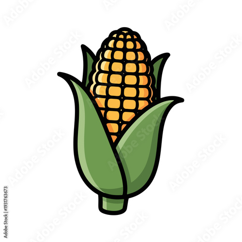 Sweet Corn Cob Cartoon Illustration – Bright yellow corn with green husk in glossy cartoon style, isolated on white background.