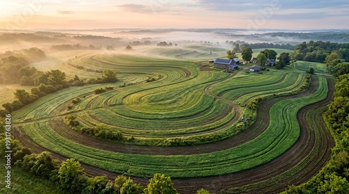 Rolling green farmland at sunrise with mist