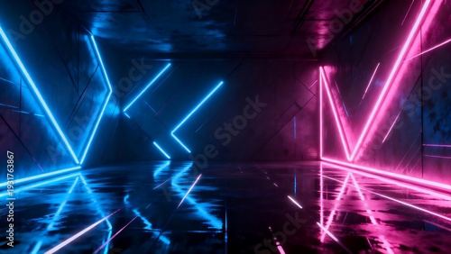 ​Futuristic empty room with glowing blue and pink neon light geometric lines on dark walls. Reflective floor in a dark interior. Cyberpunk sci-fi background for technology and gaming concepts.