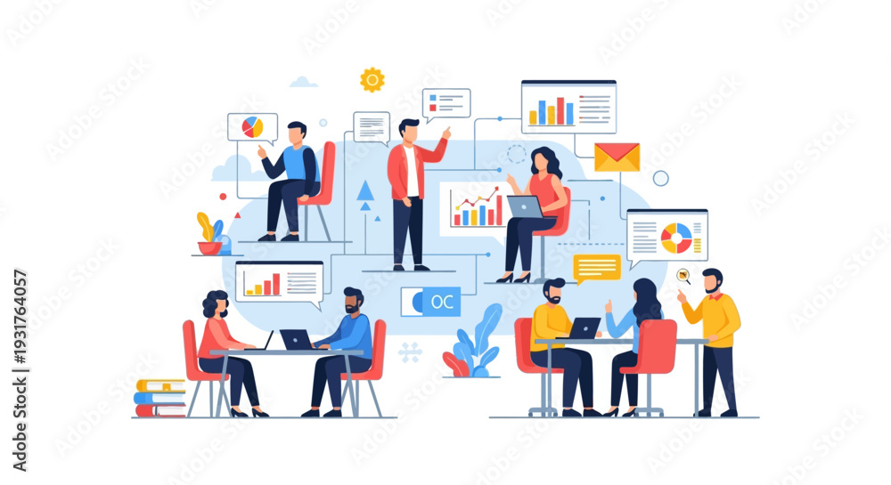 Obraz premium Collaborative Business Workflow Network Illustration. Team Analyzing Data, Strategy, and Project Management Concept.