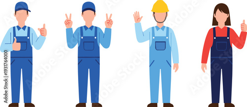 Construction and Industrial Worker Character Set with Engineer Builder Technician in Uniform Showing Hand Gestures for Labor Day and Service Concepts.