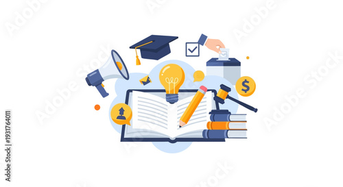 Education, Law, Finance, and Communication Conceptual Illustration: Knowledge, Democracy, and Business Success in Flat Vector Style