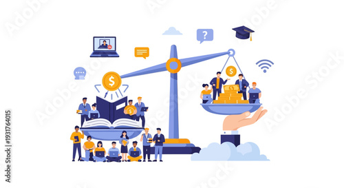 Education vs. Financial Wealth Balance. Knowledge and Learning Investment Equaling Monetary Return on a Weight Scale Concept.