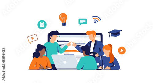 Digital E-learning and Business Training Concept. Diverse Team Collaboration, Online Coursework, and Mentorship in Flat Design Illustration.