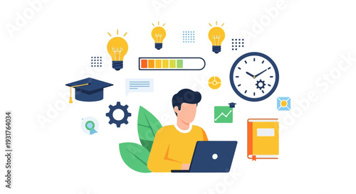 E-Learning, Productivity, and Skill Development Concept. Student Working on Laptop with Ideas, Clock, and Graduation Cap Icons.