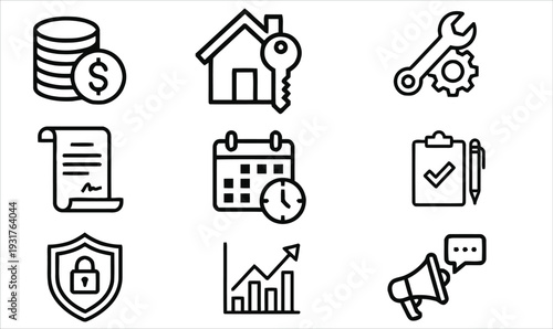 Set of black and white line icons representing business, finance and office management concepts.