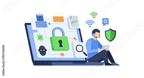 Digital Cybersecurity Concept: IT Support Specialist Protecting Data on Laptop Screen with Padlock, Firewall, Antivirus, and Shield Icons